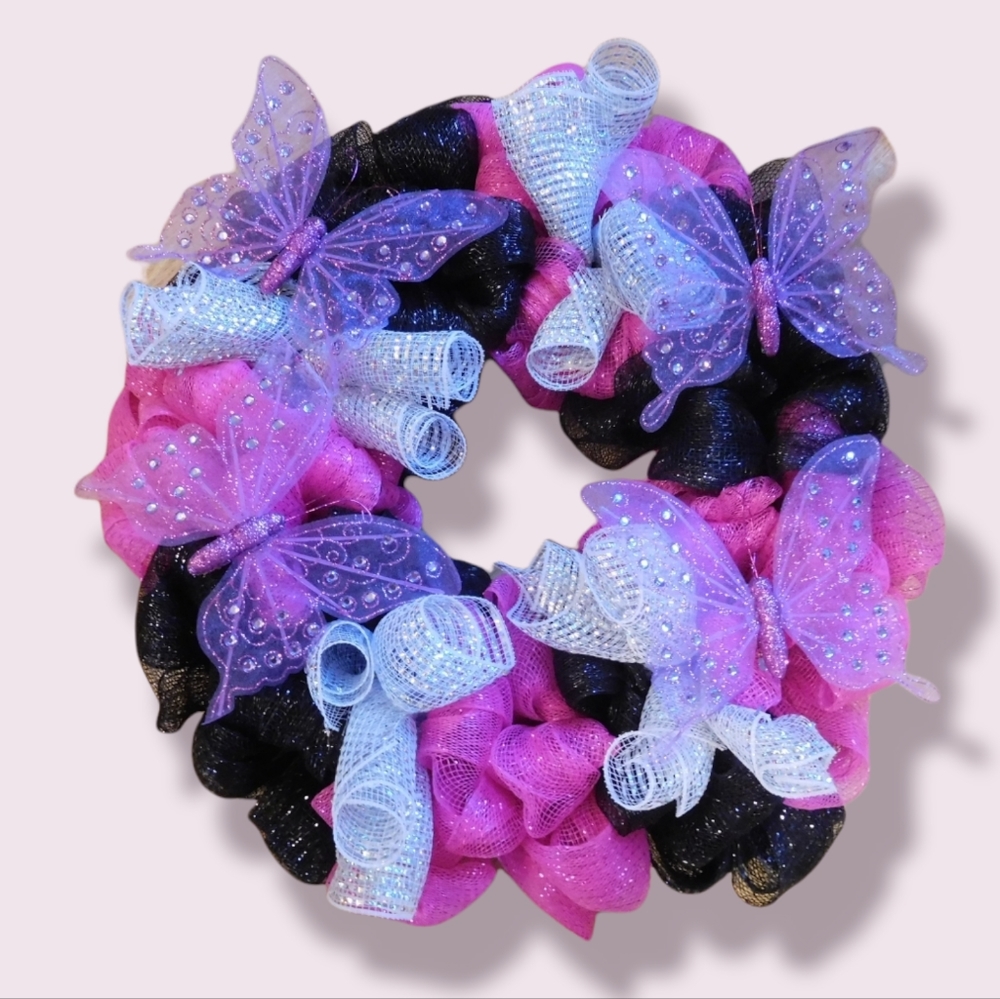 GOTH BUTTERFLY DECO MESH WREATH Handmade